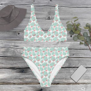 Bikini de cintura alta con flamencos tropicales, trajes de baño con flamencos rosados, trajes de baño de dos piezas, bikinis de cobertura total, bikinis de talla grande, ecológicos