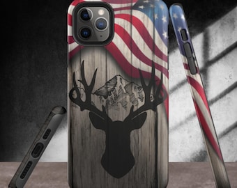 American Flag Buck Mountain Tough iPhone Case, Deer, Elk, Stag iPhone Case, Gifts For Him, Gifts For Patriots, Gifts For Hunters, USA Case
