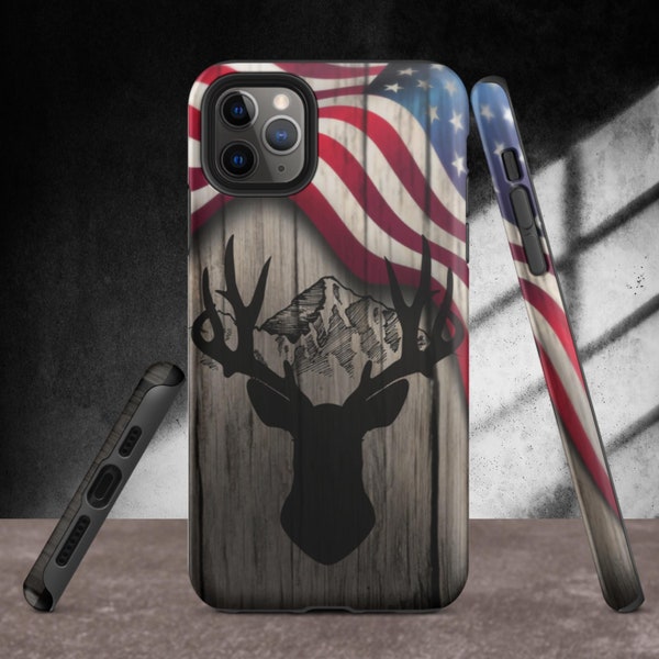 American Flag Buck Mountain Tough iPhone Case, Deer, Elk, Stag iPhone Case, Gifts For Him, Gifts For Patriots, Gifts For Hunters, USA Case