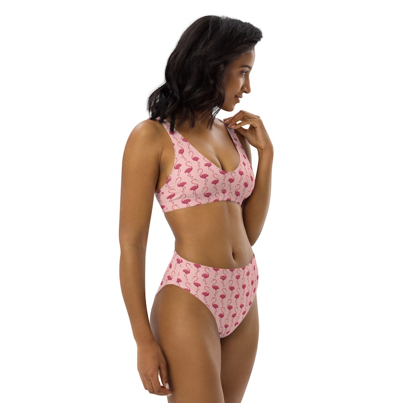 Puede incluir: Un traje de ba&ntilde;o de dos piezas rosa con un estampado de flamencos. La parte superior del bikini tiene un dise&ntilde;o de cuello en V, y la parte inferior de cintura alta ofrece cobertura total. El estampado de flamenco es un dise&ntilde;o repetitivo de flamencos rosas sobre un fondo rosa claro.