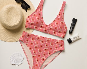 Painted Poppys High-Waisted Bikini, Eco-Friendly Swimwear, Full Coverage Bikini, Two-Piece Swimsuits, Plus Size Bikini, Recycled Material