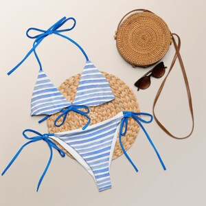 Blue Stripes String Bikini, Teeny bikini, Sexy Bikinis, Cheeky Bikinis, Plus Size Bikinis, Eco-Friendly Bikini, Recycled Swimwear