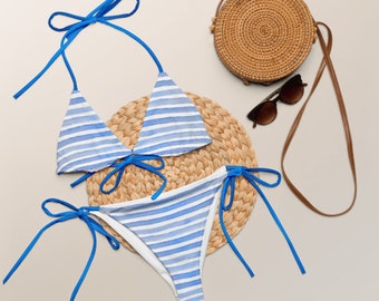 Blue Stripes String Bikini, Teeny bikini, Sexy Bikinis, Cheeky Bikinis, Plus Size Bikinis, Eco-Friendly Bikini, Recycled Swimwear