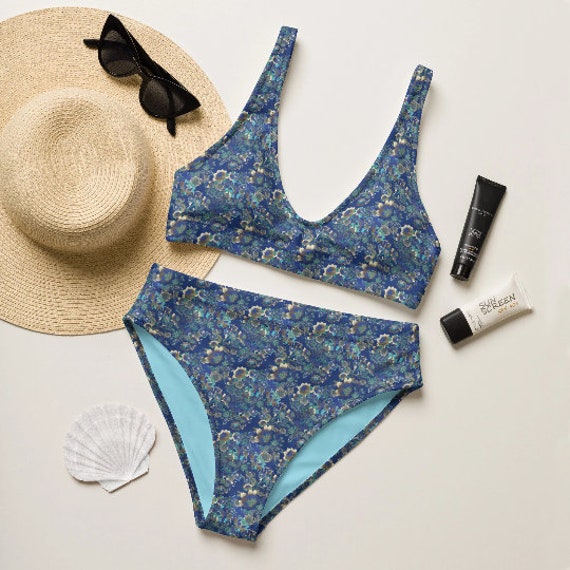 Blue Floral High-waisted Bikini, Full Coverage Bikinis, Two-piece