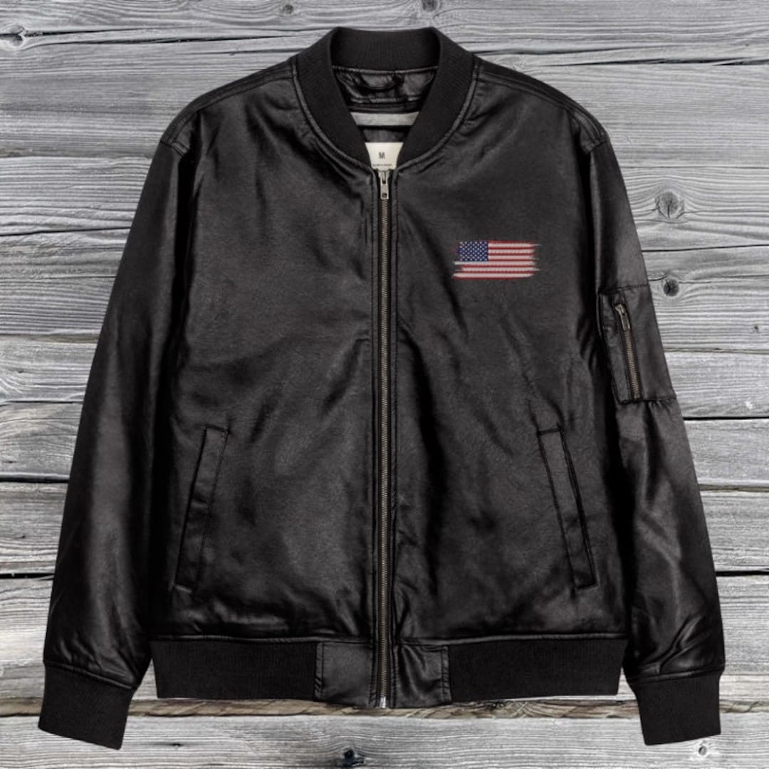 American Flag Embroidered Leather Style Bomber Jacket, Retro