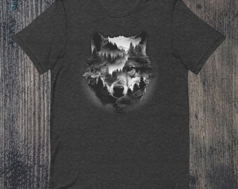 Vintage Wolf Mountain Forest Double Exposure T-Shirt, For Wolf Lovers, Wolves, Gifts For Her, Gifts For Him, Hunting, Wildlife, Conservation