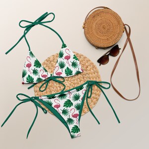 Tropical Flamingos String Bikini, Sexy Bikini, Cute Bikini, Flamingo Lovers Bikini, Plus Size Bikini, Eco-Friendly Bikini, Pink Flamingos