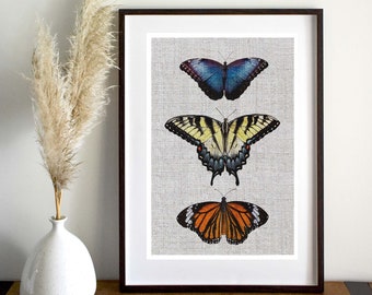 linen butterfly print, linen effect, nature print, home décor, living room, bedroom, hallway, wall hanging