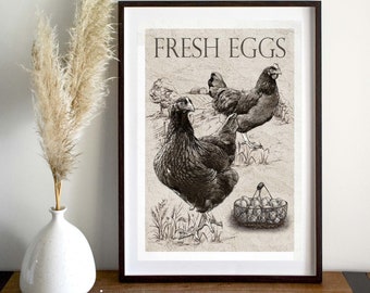 vintage style Hen print, chickens, kitchen print, fresh eggs print, farm print, countryside, home decor, wall hanging