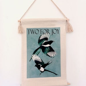 Magpie pair printed canvas wall hanging / TWO FOR JOY / boho / bedroom / bird print / gift
