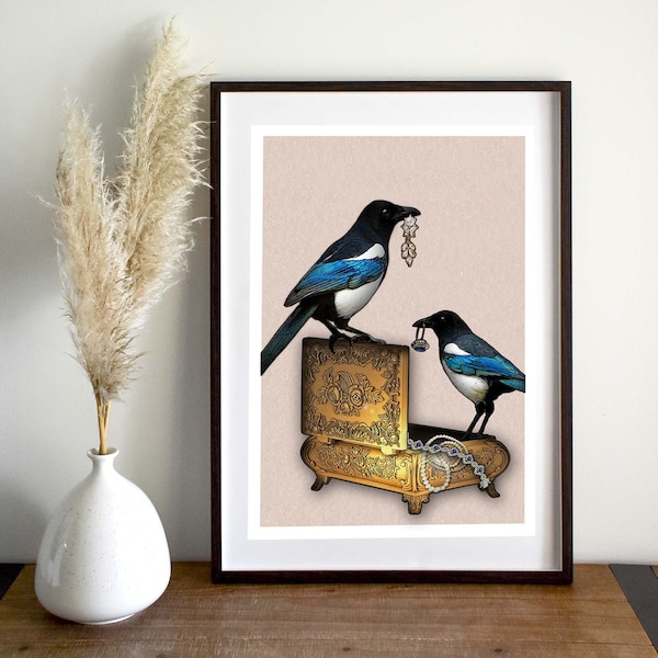 magpies on a vintage jewellery box, bird print, magpie pair, home décor, wall hanging, living room, bedroom