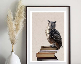 owl and book print, quirky print, bird print, wall hanging, home decor, living room, bedroom, study, office