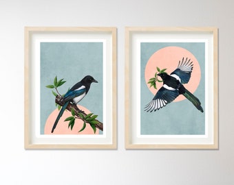 magpie print set, two for joy, print set, bird prints, home décor, wall hanging, living room, bedroom
