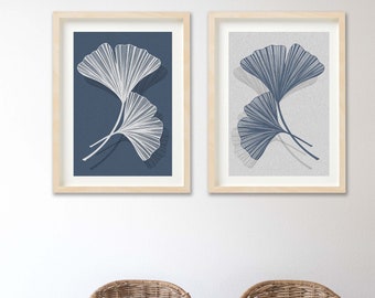 Blue Ginkgo leaf print set, 2 prints, leaf wall art, home décor, wall hanging, bedroom, hallway, living room