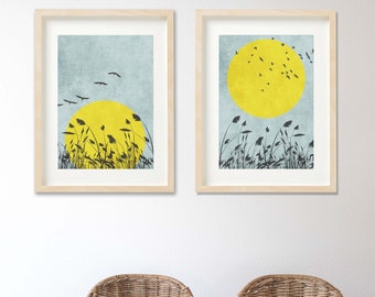 flying bird sun print set, 2 prints, bird prints, living room, bedroom, home décor, wall hanging