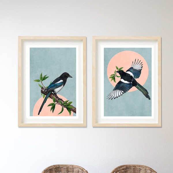 magpie print set, two for joy, print set, bird prints, home décor, wall hanging, living room, bedroom