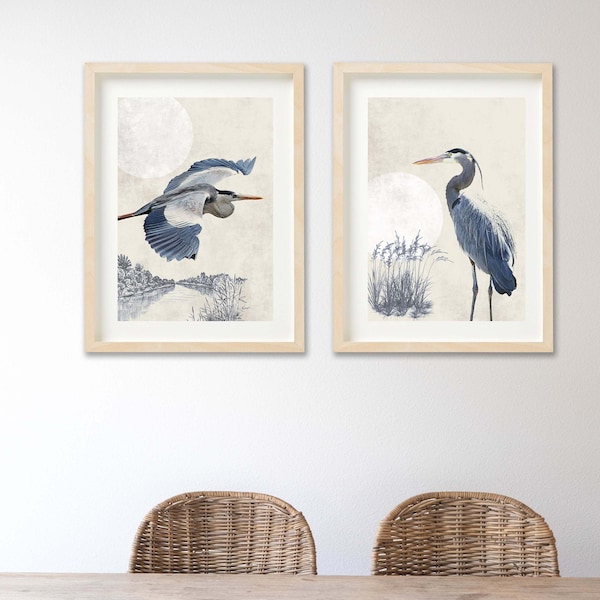 Blue Heron print set, 2 prints, bird print set, blue print, wall art, wall hanging, home décor, living room, bedroom