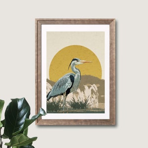 Heron sun print, bird wall art, home décor, poster, wall hanging, living room, bedroom, hallway