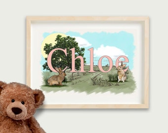 Nursery print, Kids bedroom, Rabbit print, Name print, personalised, Baby print, Gift, Home décor, Wall hanging