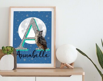 Name print, owl & Moon print, Letter, Kids room, Gift, Nursery, Bedroom, Star print, Personalised print