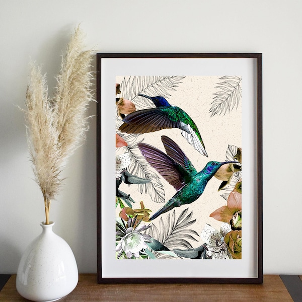 Hummingbird print, modern bird print, botanical print, tropical print, home décor, wall hanging, bedroom, living room
