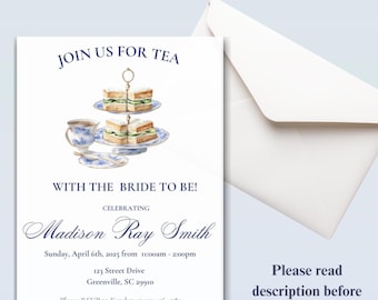 May include: A white invitation card with blue text and a watercolor illustration of a tea set and sandwiches. The text reads "Join us for Tea" and "With the Bride to Be!" with event details. An envelope is visible.