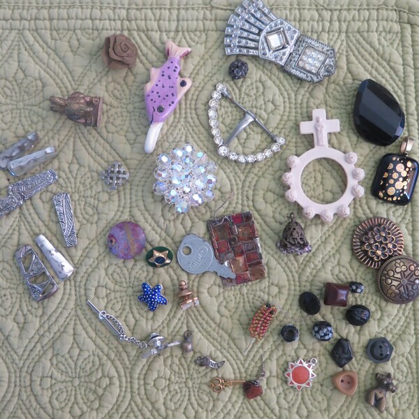 Vintage Jewelry Bits, Buttons, Rhinestone Pin, Found Objects, Buddha