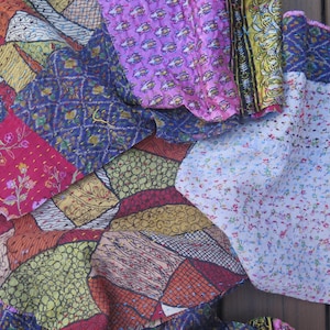 Cutter Kantha Quilt Pieces, Junk Journal fabric, Mixed Media fabric, worn kantha pieces, set of FIVE scrap pieces
