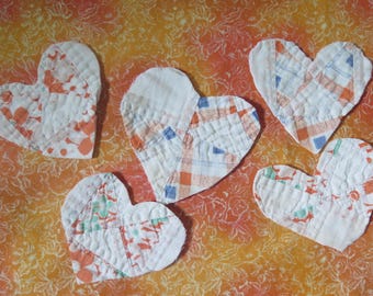 Handcut Quilted Hearts, Vintage Floral Applique, Junk Journal Supply (5pc),