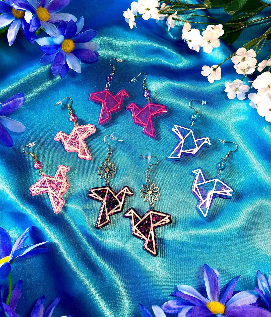 White Iridescent Origami Crane Crystal Earrings