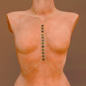 Cadena corporal de labradorita en plata de ley 925, cadena de bralette dorada, joyería corporal, cadena corporal para festivales, cadena corporal para bikini, cadena corporal con piedras preciosas