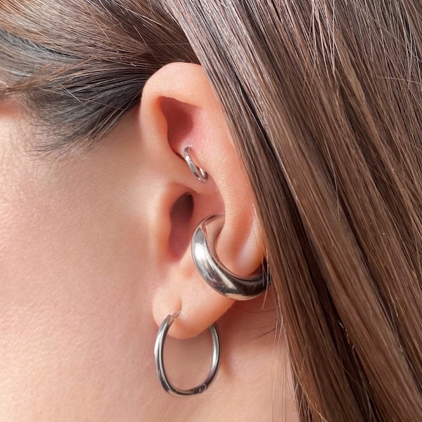 925 Sterling Silver Hoop Ear Cuff, Silver Chunky Ear Cuff, Non Pierced Ear Cuff, Fake Piercing