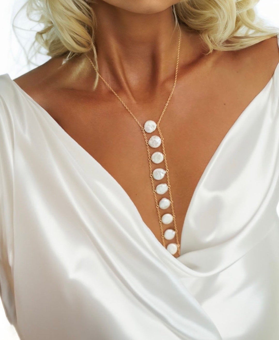925 Sterling Silver Pearl Body Chain, Pearl Bra Chain, Pearl Body