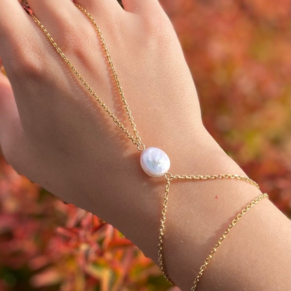 925 Sterling Silver Pearl Hand Chain, Pearl Slave Bracelet, Gold Filled Ring Bracelet, Pearl Hand Chain, Pearl Finger Bracelet