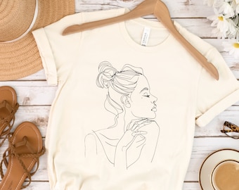 Female Face Silhouette t-Shirt, Minimalist Print Pastel Colors Tee Shirt, One Line Art Drawing Shirt, Abstract Woman Unique Design Tee