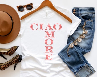 Shirt Ciao Amore Italia, Italiaans Hello T-shirt, Italië cadeau, grappig reisshirt, Ciao T-shirt, T-shirt meisjes trip, familievakantie esthetiek ronde hals