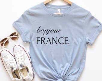 Camiseta Bonjour França, camisa Hello, camiseta Bonjour, camisa França, camisas em francês, camisa Paris, camisa de viagem para férias em família, camisa feminina