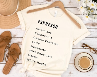 Espresso Coffee Barista Shirt, Types of Coffee Club Caffeine tee Shirt, Gift for Coffee Lover, Retro Coffee Shirt, Iced Coffee Cafe t-shirt