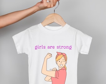 Girls Are Strong Toddler Shirt, Women Empowerment Retro Kids Shirt, Cute Strong Woman in Training Trendy Shirt, Floral Activist Kids Shirt