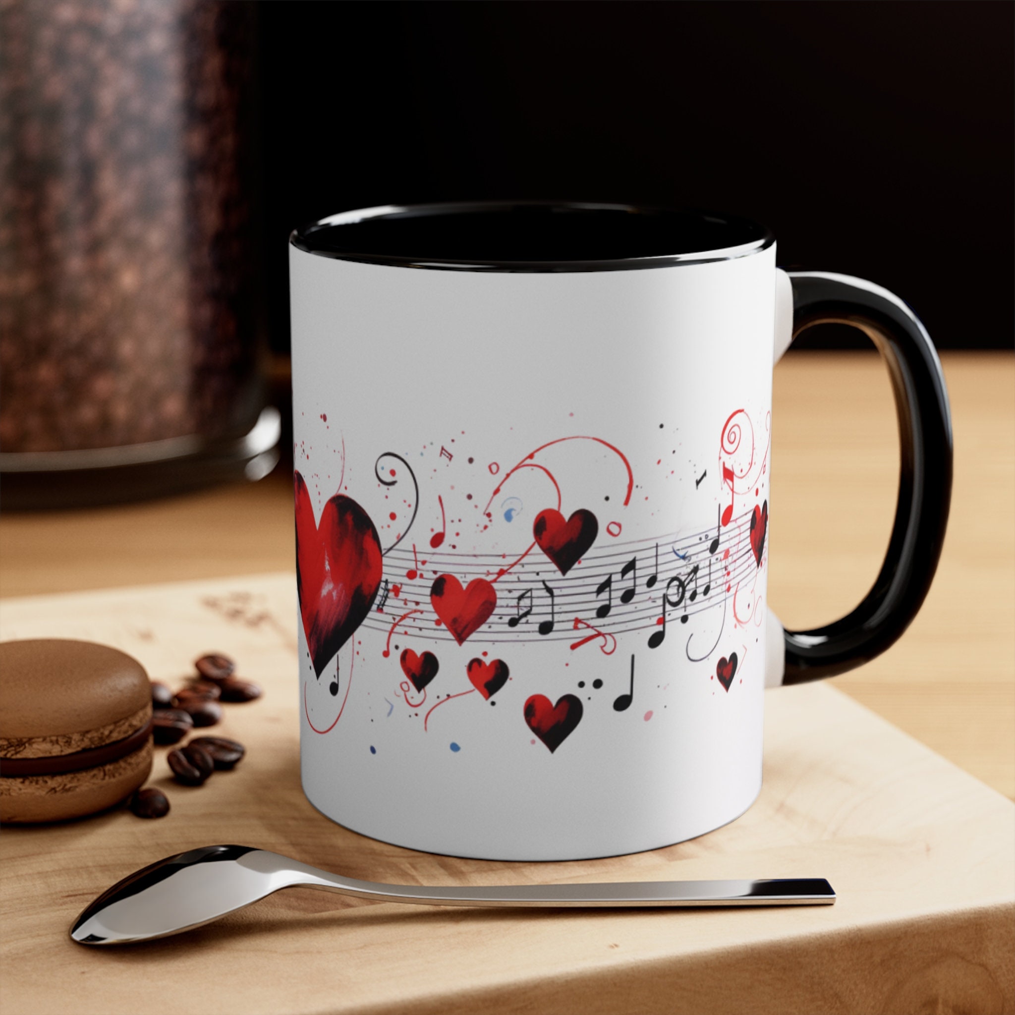 Music Heart Coffee Mug, Music Note Mug, Red Hearts, Gift for Music Fan, Valentines Day Gift, Ceramic Mug, Musician Gift, Romantic gift