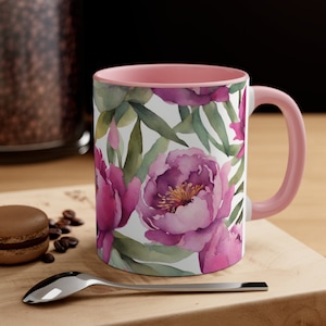 Pink Peony Flower Watercolor Coffee Mug, Mothers Day Peonies Floral New Home Gift, Peony Tea Cup for Mom, Housewarming Gifts For Women