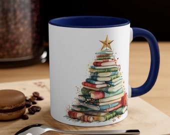 Book Lover Christmas Mug, Holiday Coffee Mug, Christmas Tree Mug, Reader Tea Cup, Book Lover Accent Librarian Mug, Xmas Gift for Him Or Her