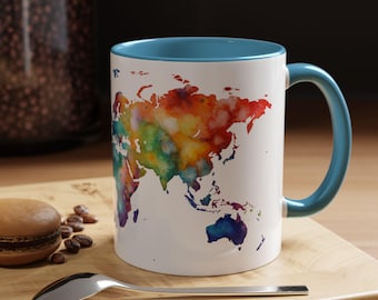 Wereldbolmok, wereldkaart reismok, koffiemok reisliefhebber, kaart van de wereld aquarel mok, regenboogkleur keramische mok, avonturier cadeau mok