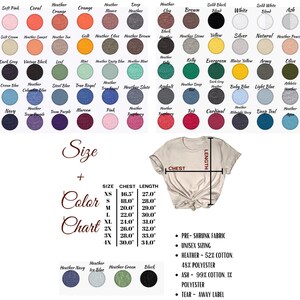May include: A size chart for t-shirts with a variety of colors and a beige t-shirt with a knotted front. The chart shows the chest and length measurements in inches for sizes XS to 4X. The text on the chart says "Size + Color Chart".