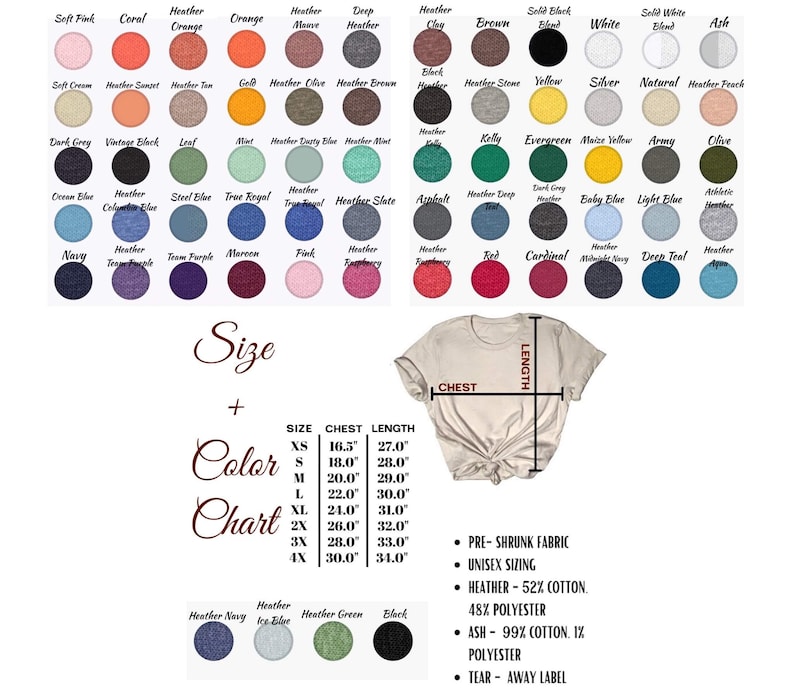 May include: A size chart for t-shirts with a variety of colors and a beige t-shirt with a knotted front. The chart shows the chest and length measurements in inches for sizes XS to 4X. The text on the chart says "Size + Color Chart".