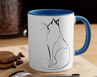 Tazza con silhouette di gatto minimalista, tazza di arte felina astratta, regalo di mamma papà gatto, tazza di caffè gatto con disegno a tratteggio, tazza di tè in ceramica, regalo per il proprietario dell'animale domestico
