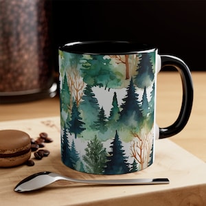 Forest Tree Hiking Mug, Watercolor Pine Trees Ceramic Mug, Mountain Coffee Cup, Camping Tea Mug, Nature Lover Mug, Woodland Adventure Gift