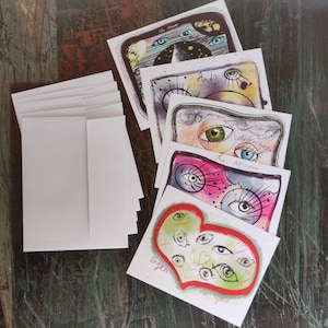 CONJUNTO de aquarela colorida de 5 cartões de notas em branco com envelopes 5 designs divertidos e humorísticos cartões para várias ocasiões, obrigado, presente exclusivo de inauguração