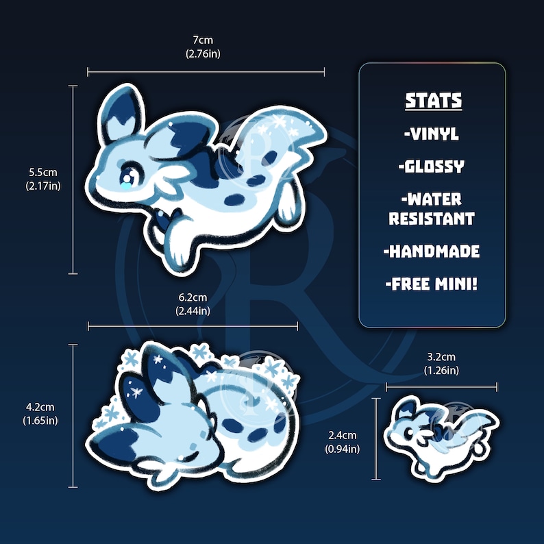 May include: Three blue and white vinyl stickers featuring a cartoon creature with a snowflake design. The largest sticker is 2.76 inches tall and 2.44 inches wide. The medium sticker is 1.65 inches tall and 2.44 inches wide. The smallest sticker is 1.26 inches tall and 0.94 inches wide. The stickers are glossy and water resistant. The text "STATS" is written in black at the top of the image. Below the text are the words "VINYL", "GLOSSY", "WATER RESISTANT", "HANDMADE", and "FREE MINI!" in black.