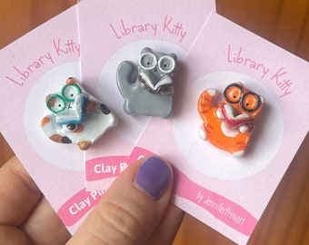 Library Kitties Clay Pins -  Book Kitty/  Bookworm/ Handmade Clay Pin